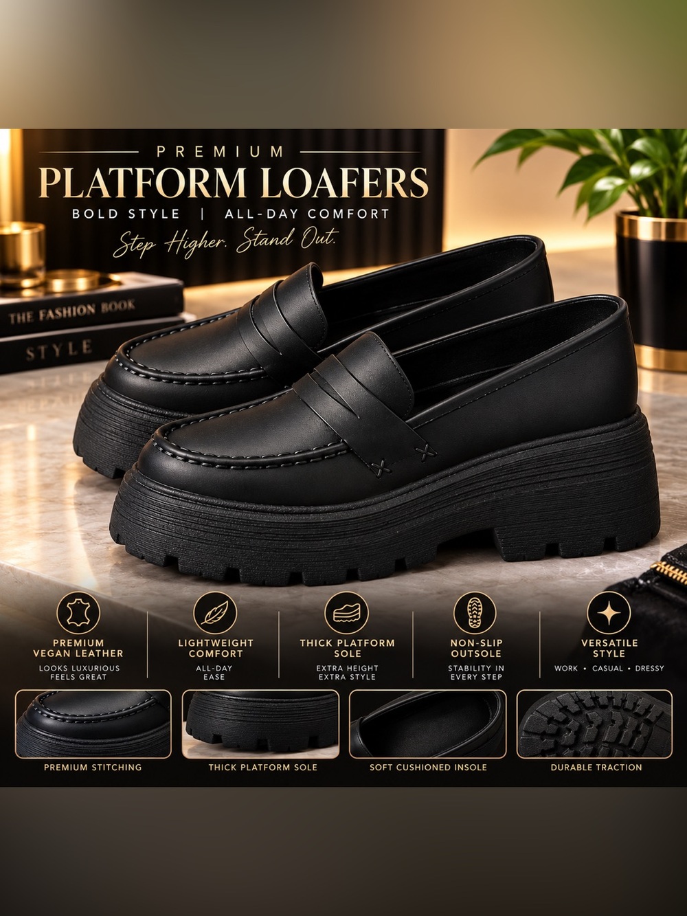 School Girl Black Slip-On Penny Loafers Water Proof Rubber Shoe